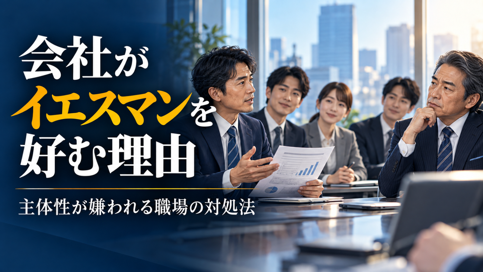 改善を提案する40代の日本人会社員と上司を描いた、会社がイエスマンを好む理由のイメージ