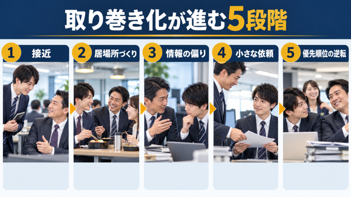 接近、居場所づくり、情報の偏り、小さな依頼、優先順位の逆転という取り巻き化の5段階