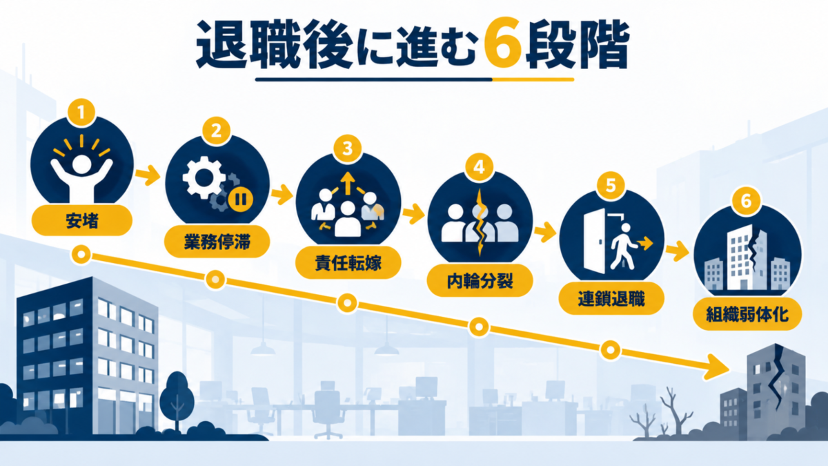 有能社員の退職後に安堵・業務停滞・責任転嫁・内輪分裂・連鎖退職・組織弱体化へ進む6段階