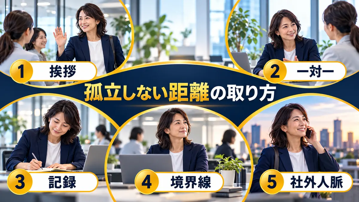 挨拶・一対一・記録・境界線・社外人脈で孤立を防ぐ女性会社員の図解