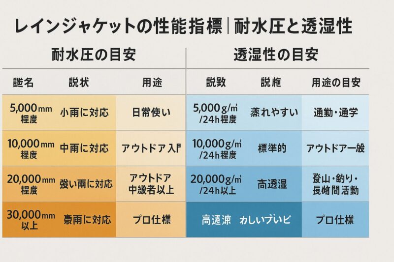 レインジャケット・カッパの耐水圧と透湿性の目安