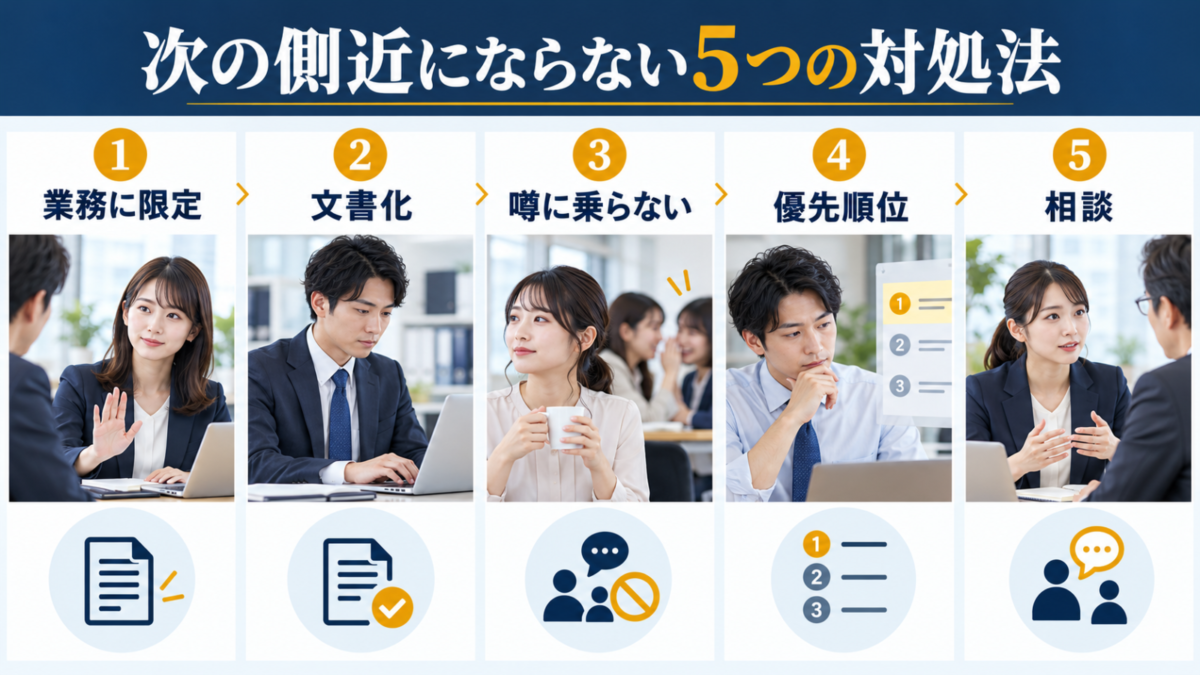 次の側近にならないための業務限定、文書化、噂に乗らない、優先順位、相談の5つの対処法