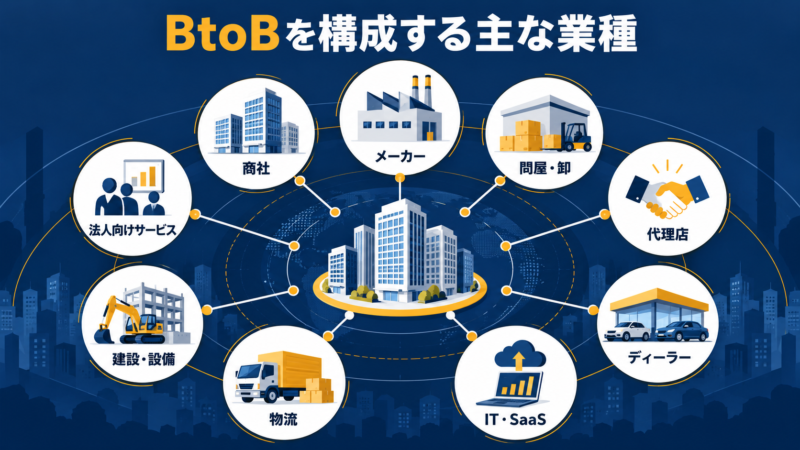 メーカー、商社、卸、代理店、IT、物流などBtoBを構成する主な業種