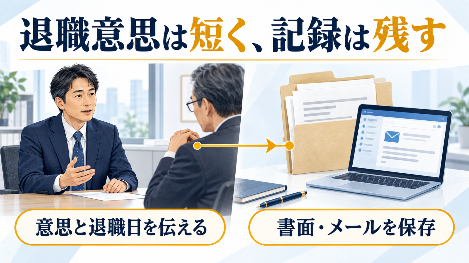 上司に退職意思と退職日を伝え、書面やメールを保存する流れ
