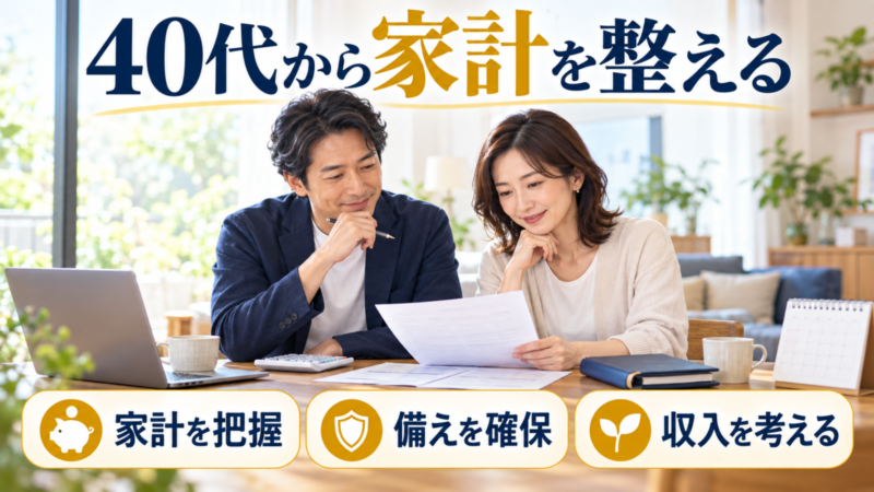 40代の夫婦が家計の把握、備えの確保、収入の見直しを話し合う様子
