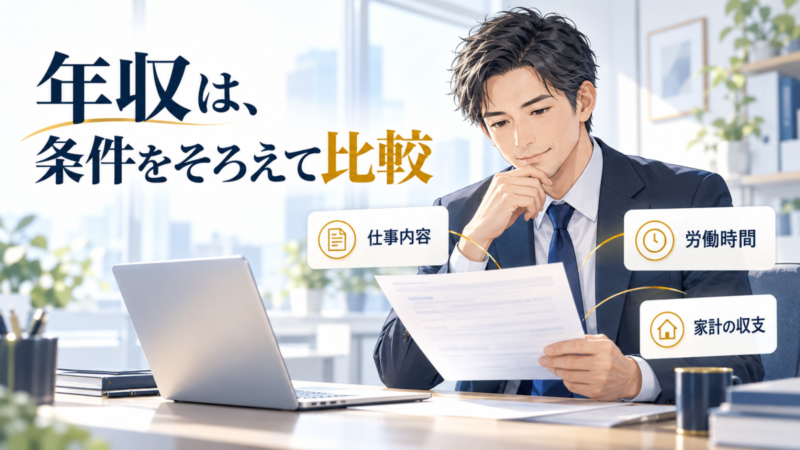 給与資料を確認する日本人会社員と、仕事内容・労働時間・家計の収支の確認項目