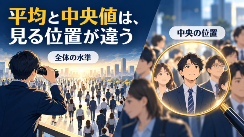 集団全体を見る視点と中央の位置を見る視点を、会社員のイラストで表現した画像
