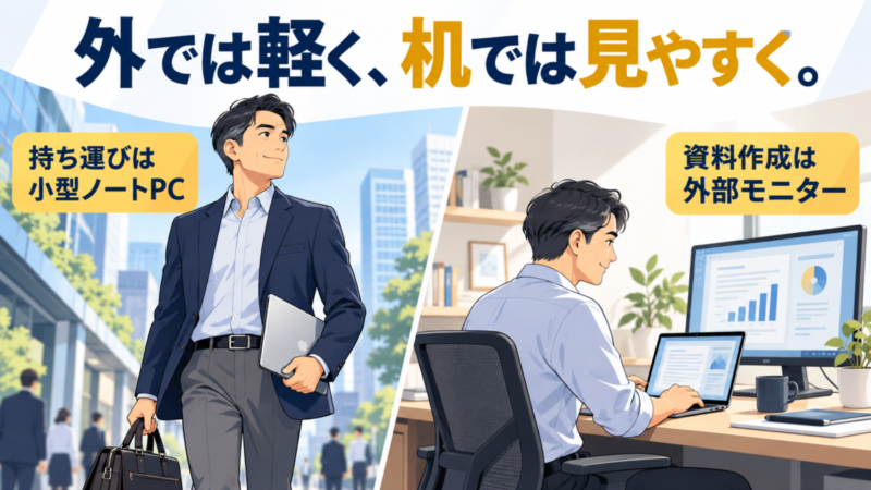 日本人の営業職男性が小型ノートPCを持ち歩く場面と、机で外部モニターを使って資料を作成する場面