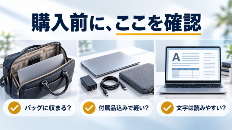 バッグへの収まり、充電器やケースを含めた重さ、文字の読みやすさというノートPC購入前の3つの確認ポイント