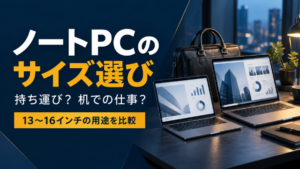 持ち運びと机での仕事をテーマに、異なる大きさのノートパソコンとビジネスバッグを描いた画像