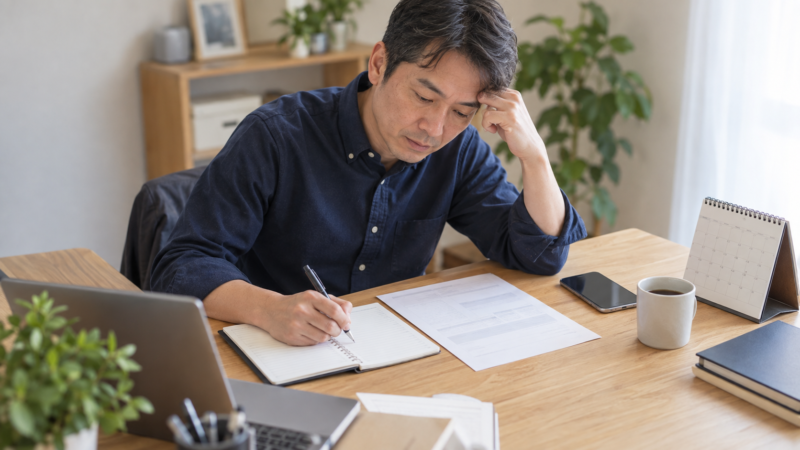 勤務記録と給与明細を整理し、労働相談の準備をする40代男性
