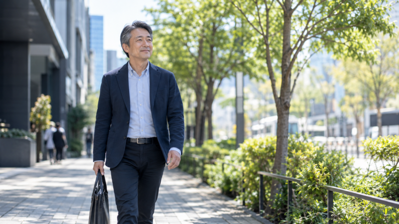 オフィスビルを背に、明るい並木道を穏やかに歩く40代男性