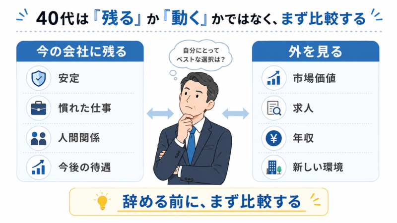 40代会社員が今の会社に残るか転職するか比較検討しているイメージ