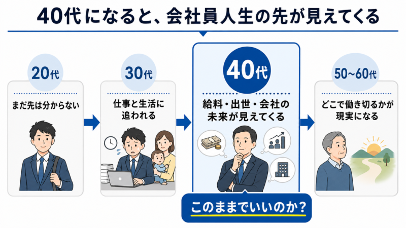 40代会社員が給料・出世・会社の将来性から今後の人生を考える流れ