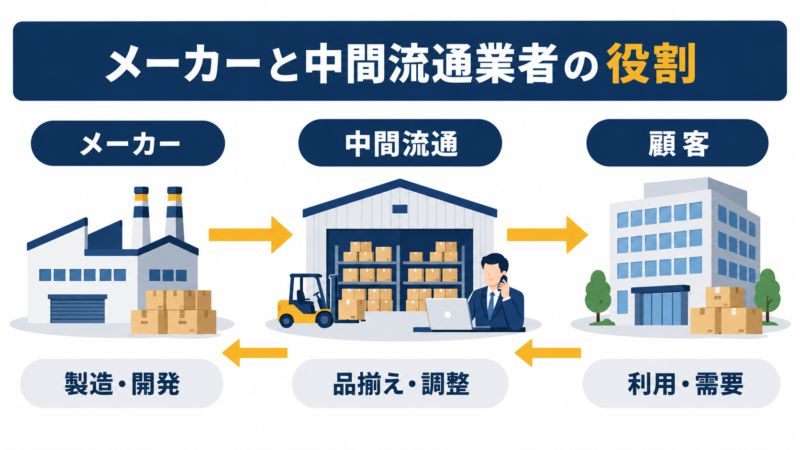 メーカーと中間流通業者と顧客の役割の違い