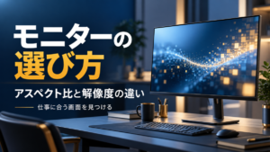 モニターのアスペクト比と解像度の違いを紹介する、濃紺とゴールドの仕事用デスクの画像
