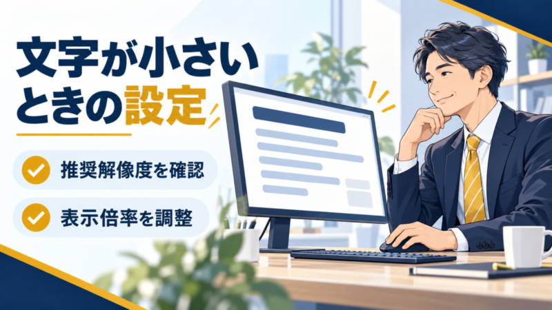 モニターの文字を読みやすく調整する日本人会社員のイラスト。推奨解像度と表示倍率を確認する