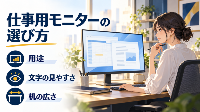 仕事用モニターを選ぶ3つの基準。用途、文字の見やすさ、机の広さを確認するデスクのイラスト