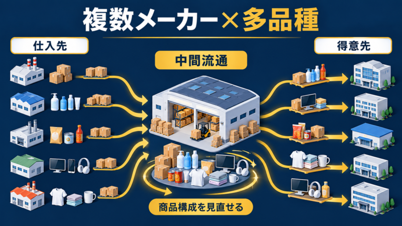 複数メーカーと多品種を扱う中間流通業者の仕入販売構造