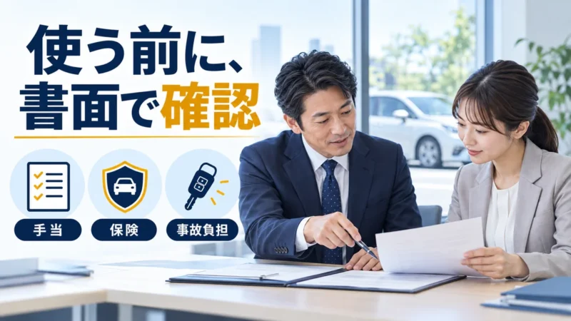 車両使用前に手当・保険・事故負担の書面を確認する日本人会社員