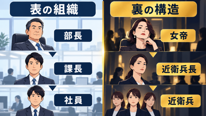 部長・課長・社員の表の組織と女帝・近衛兵長・近衛兵の裏の構造を比較した図