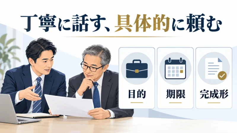 上司と年上の社員が、仕事の目的・期限・完成形を確認する様子