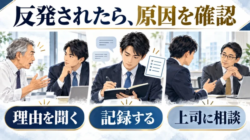 年上の部下の意見を聞き、内容を記録して上司に相談する様子