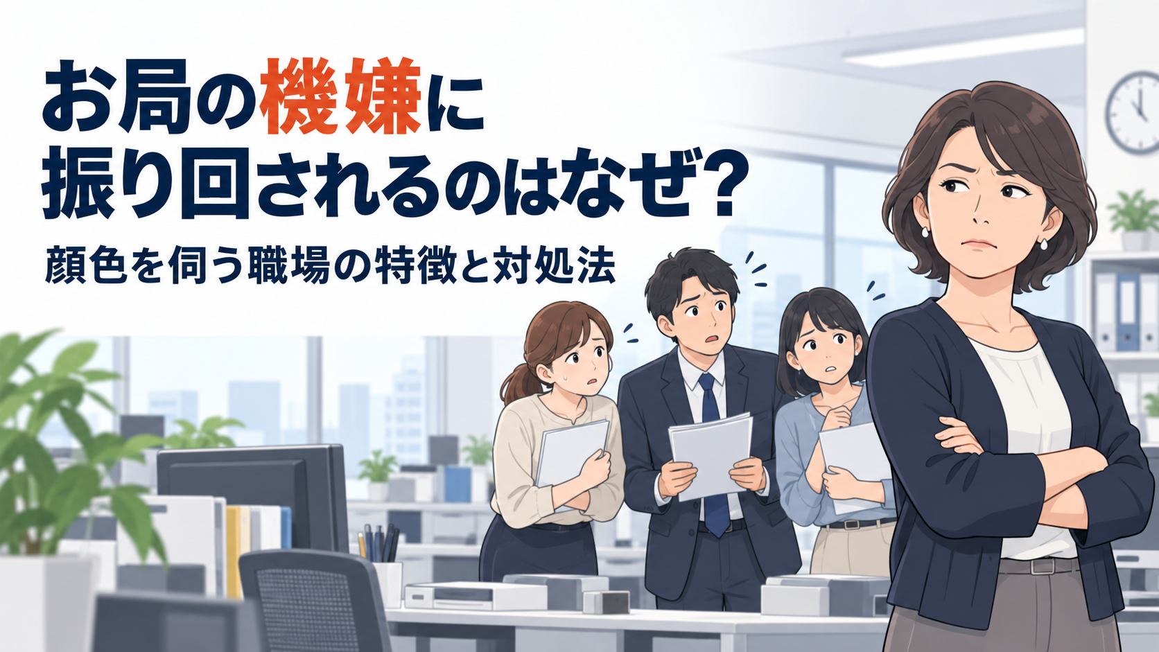 腕組みをする女性社員の様子を気にし、話しかけるのをためらう同僚たち