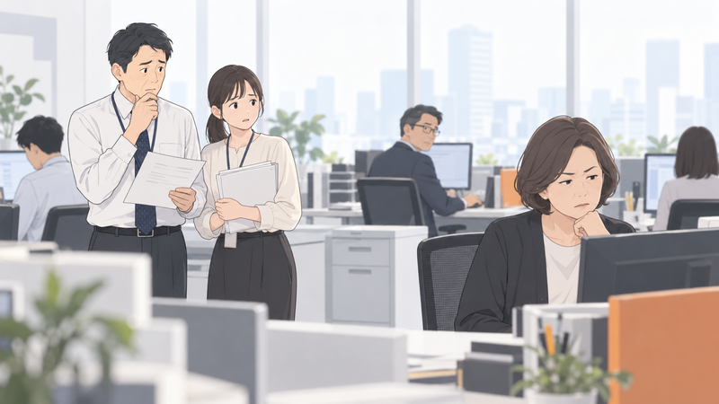 不機嫌そうな女性社員への確認をためらい、書類を手に待つ同僚たち