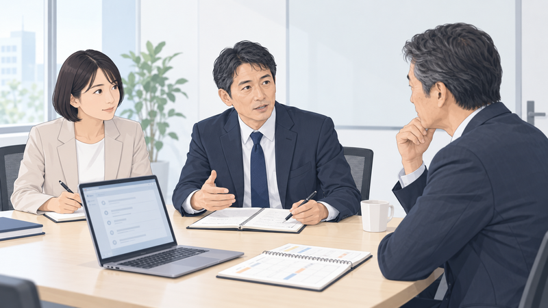 出来事を整理したノートをもとに、同僚同席で上司へ仕事の進め方を相談する会社員