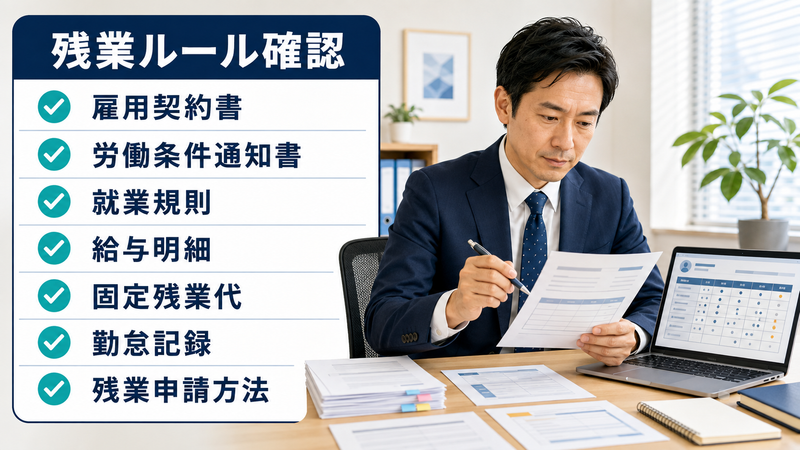 雇用契約書や給与明細と勤怠記録を確認する会社員
