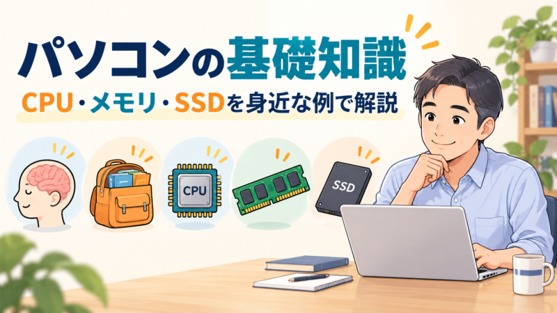 パソコンの基礎知識をCPU・メモリ・SSDの身近なたとえで解説するイラスト