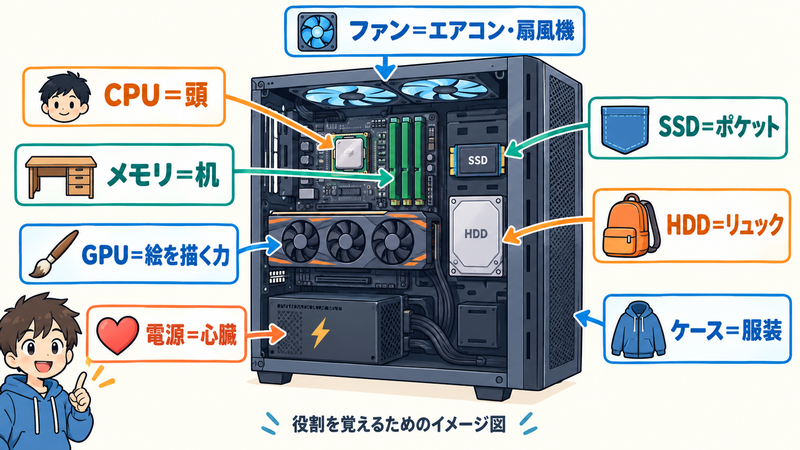 パソコン内部のCPU・メモリ・SSD・HDD・GPU・電源・ファン・ケースの役割を身近なものにたとえたイラスト
