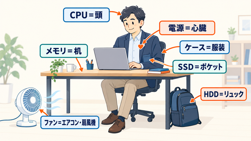 会社員の頭をCPU、机をメモリ、ポケットをSSD、リュックをHDDにたとえた説明イラスト