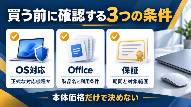 パソコン購入前にOSの正式対応、Officeの製品名と利用条件、保証の期間と範囲を確認する案内