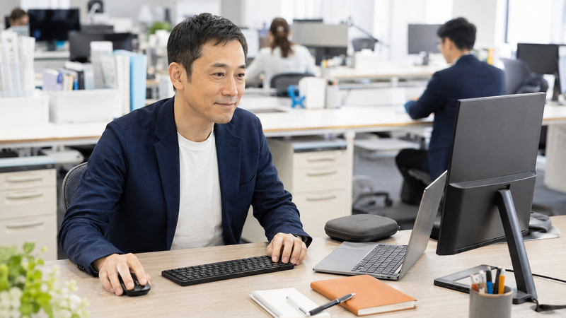 職場でワイヤレスマウスとキーボードを使う40代会社員
