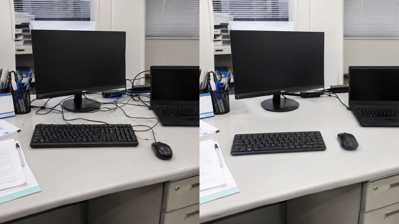 有線マウスとキーボードをワイヤレス化する前後のPCデスク比較