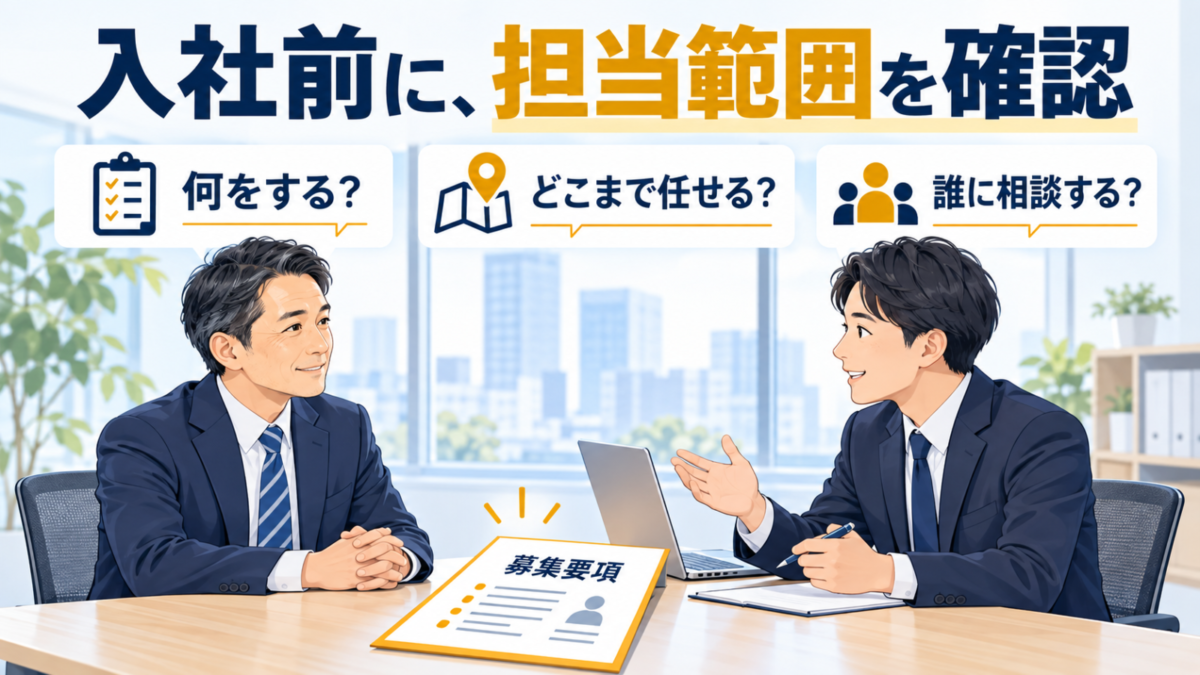 面接で担当業務、任される範囲、相談先を確認する40代の応募者