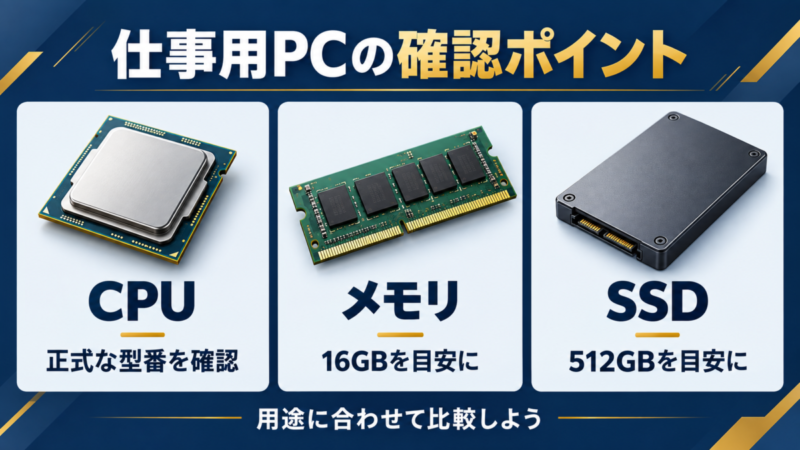 仕事用PCの確認ポイントとして、CPUは正式な型番、メモリは16GB、SSDは512GBを目安に比較する案内