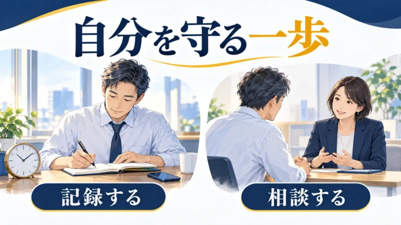 日本人の40代会社員が出来事をノートに記録し、相談員に状況を伝える二つの場面