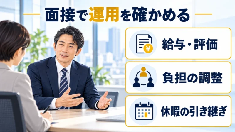 面接で給与評価、負担調整、休暇の引き継ぎを確認