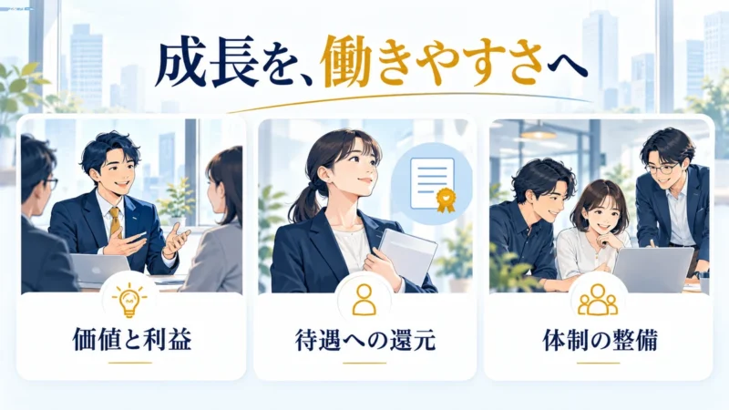 価値と利益、待遇への還元、体制の整備という会社選びの三つの視点