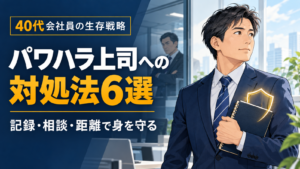 パワハラ上司への対処法6選の見出しと、ノートを持って自分を守る日本人会社員