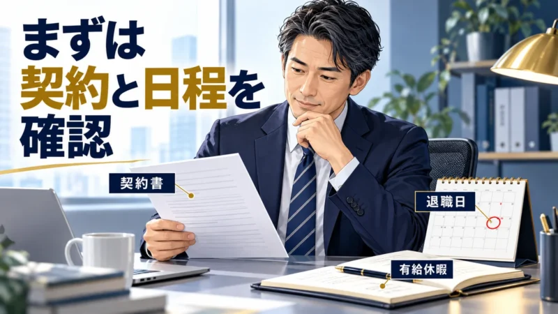 雇用契約書とカレンダーを確認して退職日と有給休暇を整理する会社員