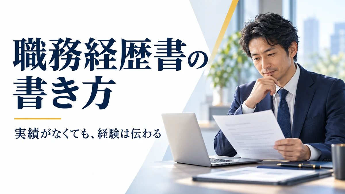職務経歴書を確認する40代の日本人会社員と、実績がなくても経験は伝わるというメッセージ