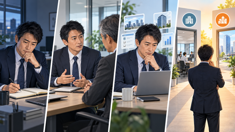 業務記録と上司への相談、市場調査を行い今後の進路を選ぶ40代会社員
