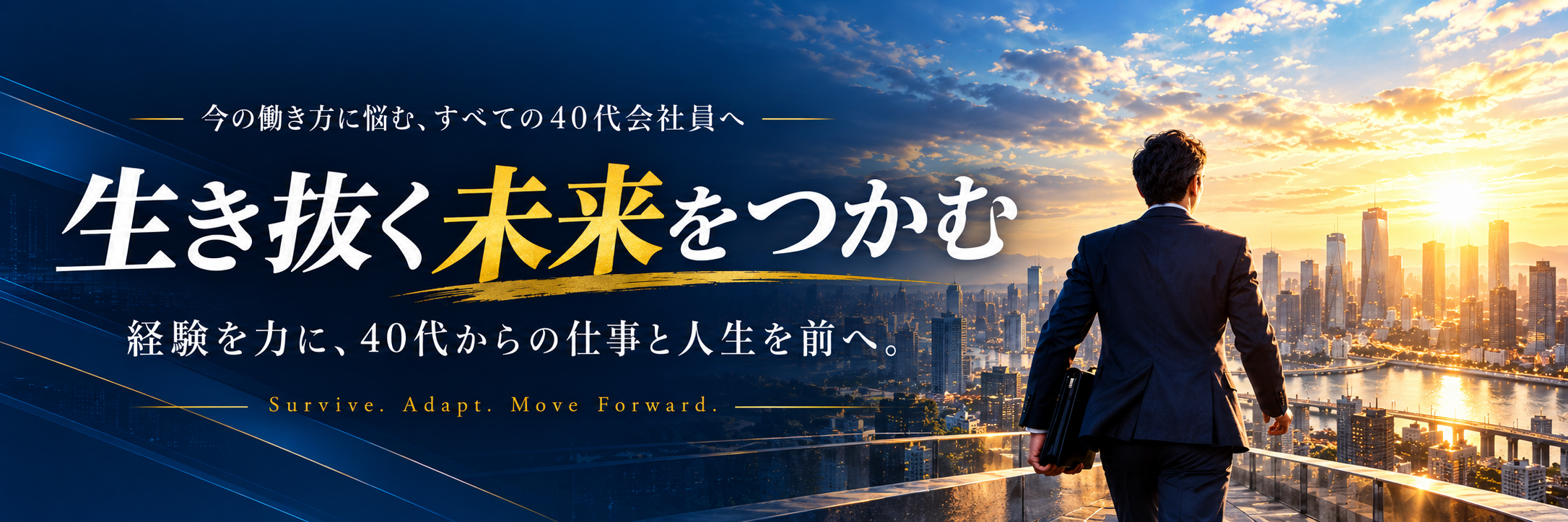 生き抜く未来をつかむ。40代会社員がこれまでの経験を力に、これからの仕事と人生を前へ進むイメージ