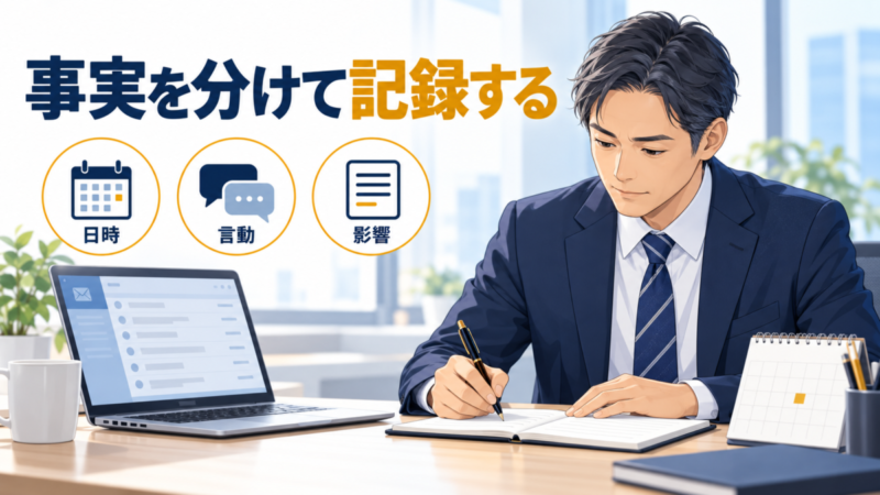 ノートとメールを確認する日本人の40代会社員を描き、日時・言動・影響を分けて記録することを示すイラスト