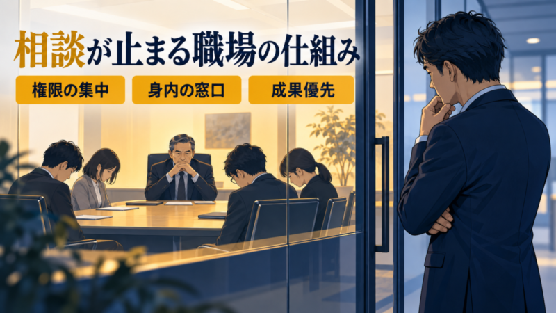 日本人の会社員と閉じた会議室を描き、権限の集中・身内の窓口・成果優先という3つの問題を示すイラスト