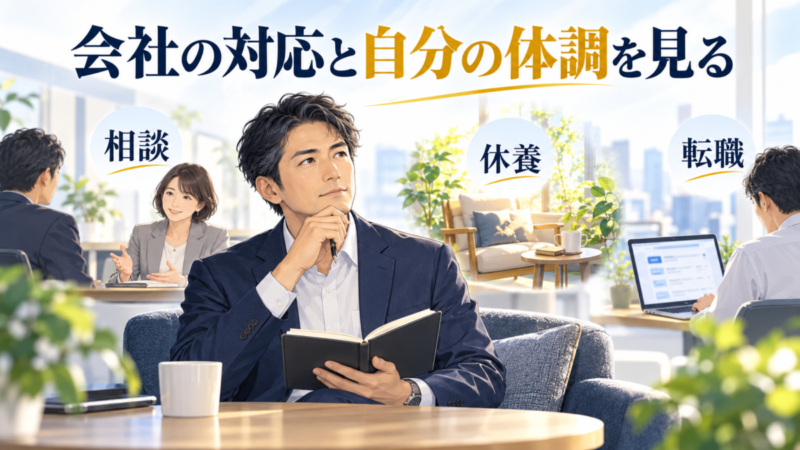 日本人の40代会社員が相談・休養・転職の選択肢を整理する姿を描き、会社の対応と自分の体調の両方を見ることを示すイラスト